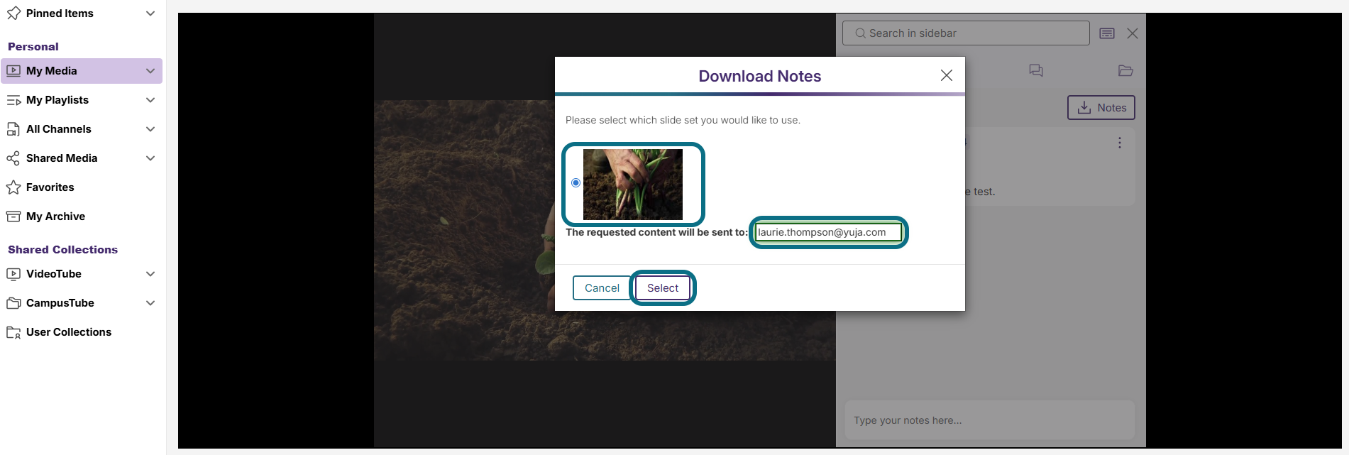 Lumina media player download notes modal with slides, email and select button circled