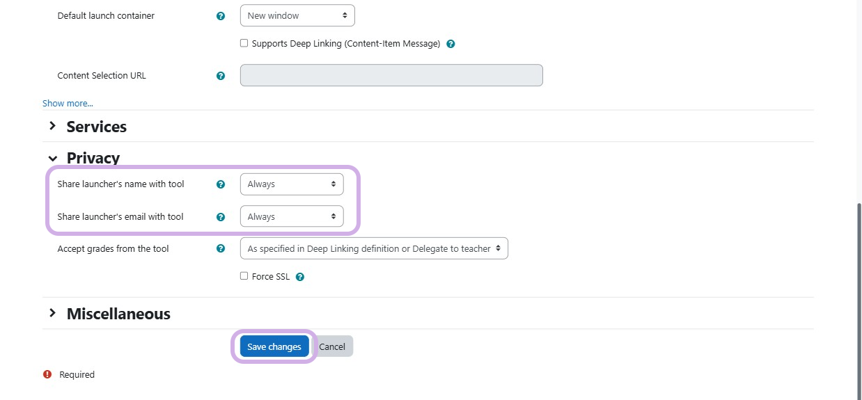 Privacy section in the Manage tools page.