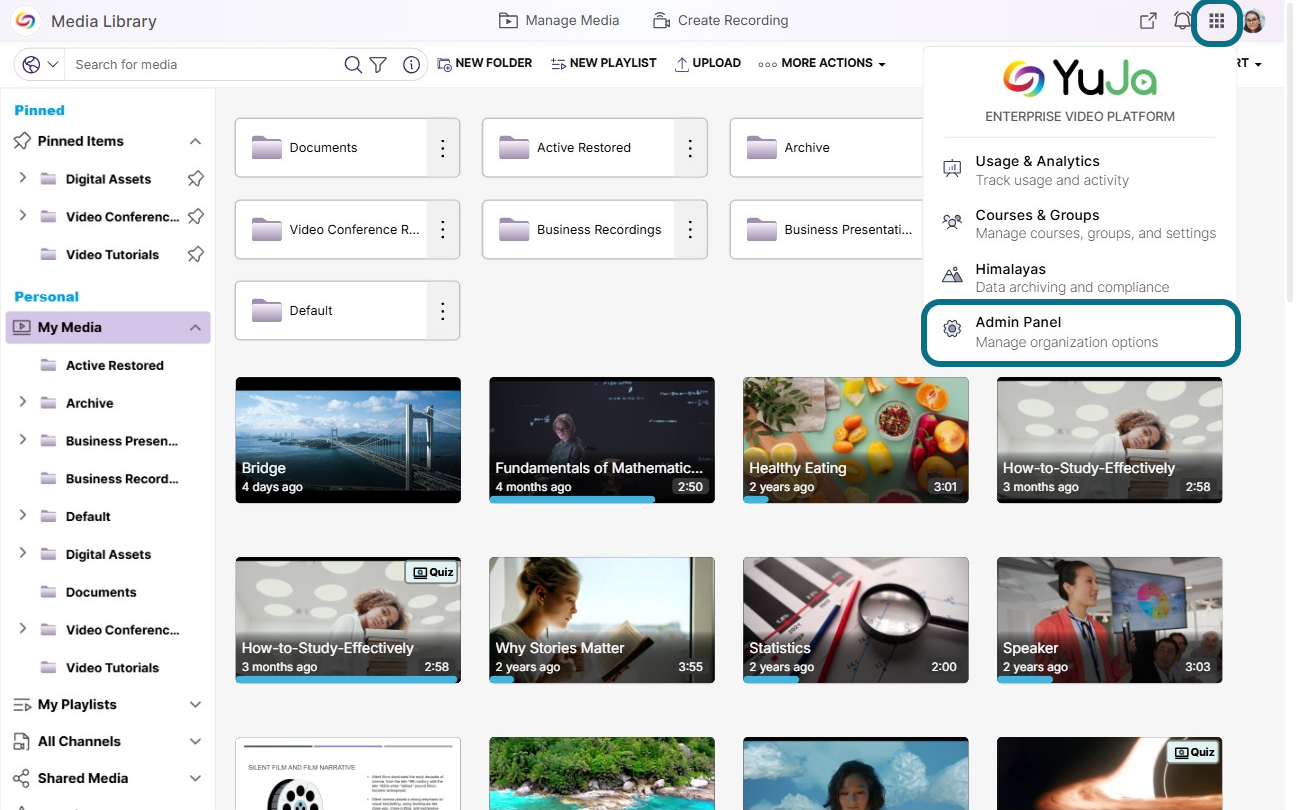 clicking admin panel within the main menu button.