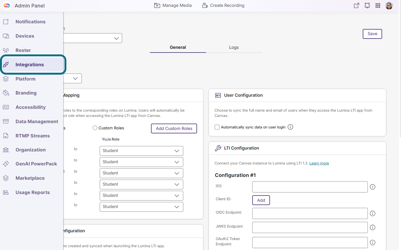 The integrations tab in the sidebar.