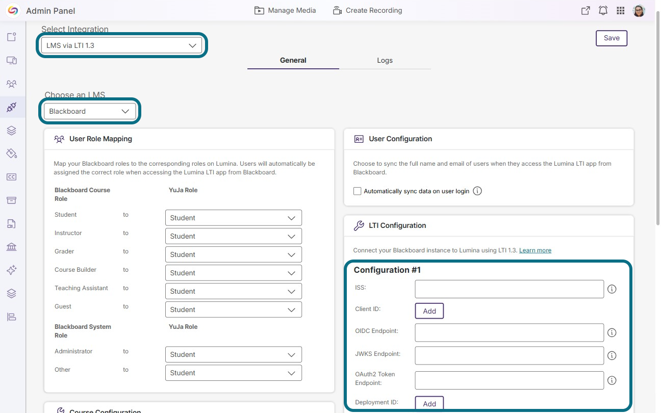 the required information for integration in the integration tab.