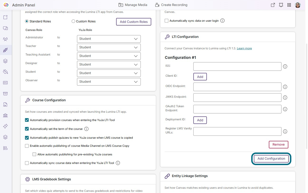 The Add Configuration button is highlighted in the LTI Configuration section
