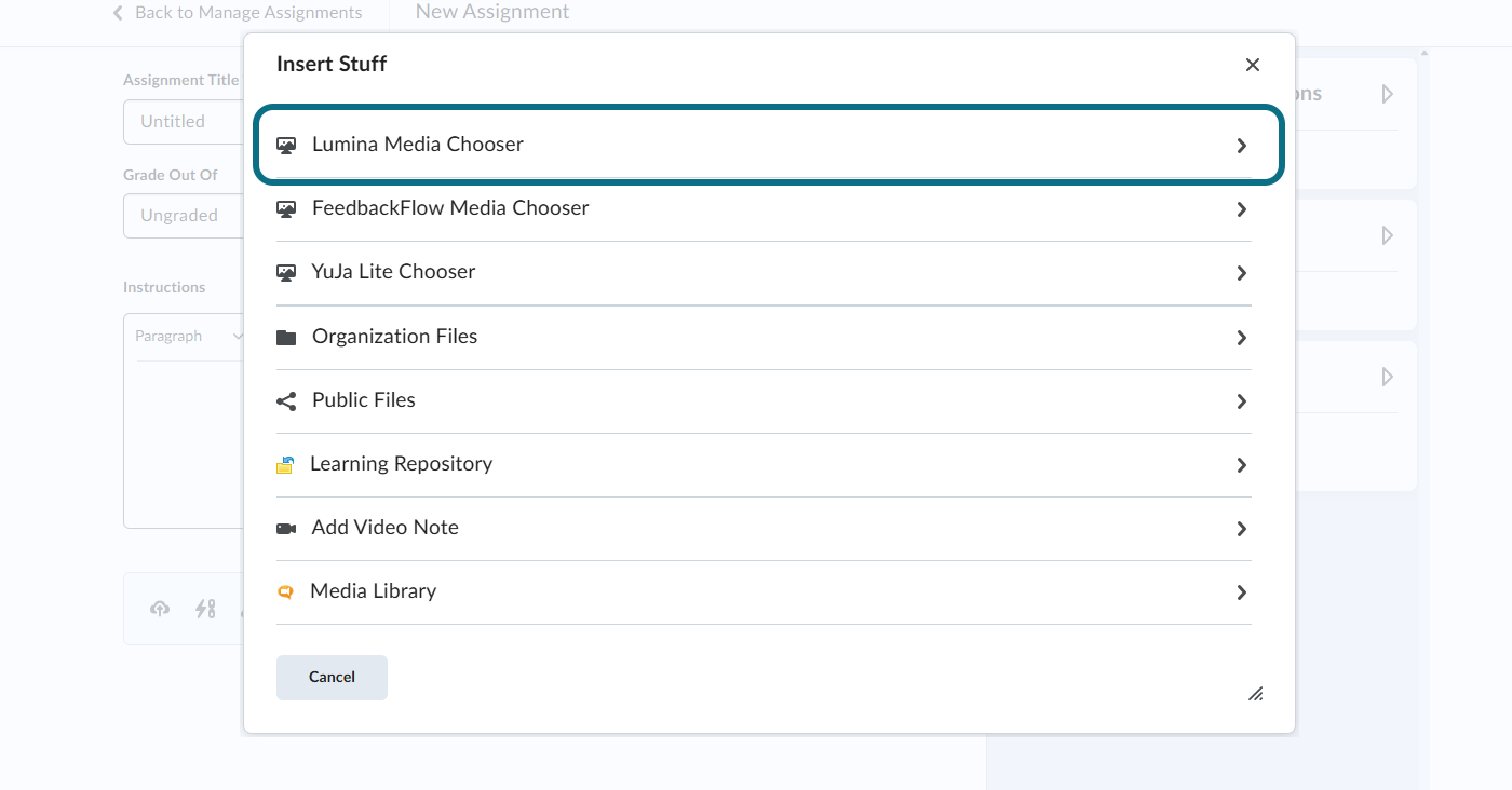 The insert stuff window highlighting the Lumina Media Chooser.