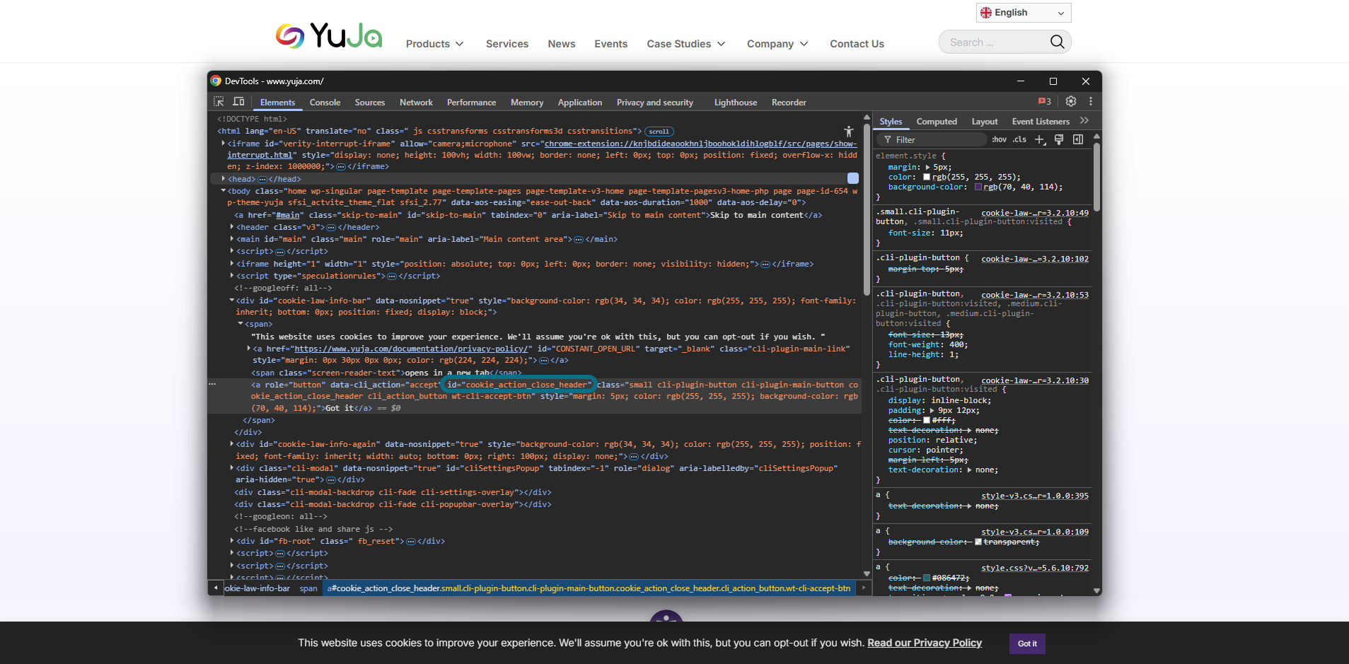 YuJa HTML with id for the cookie close button circled