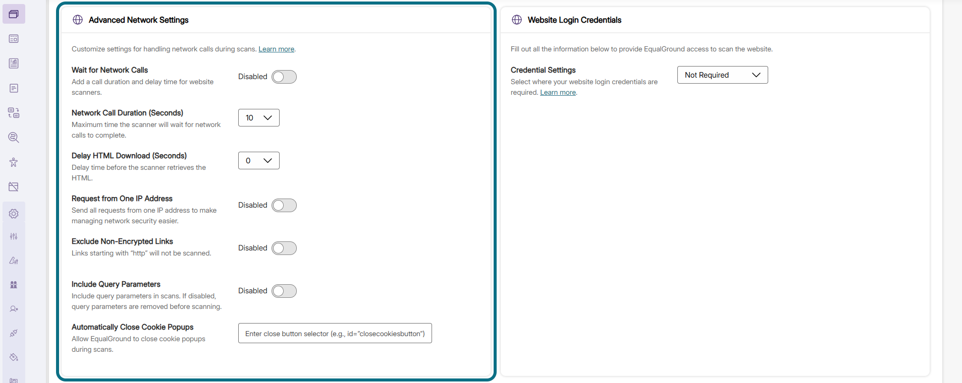 EqualGround configurations page with advanced network settings circled