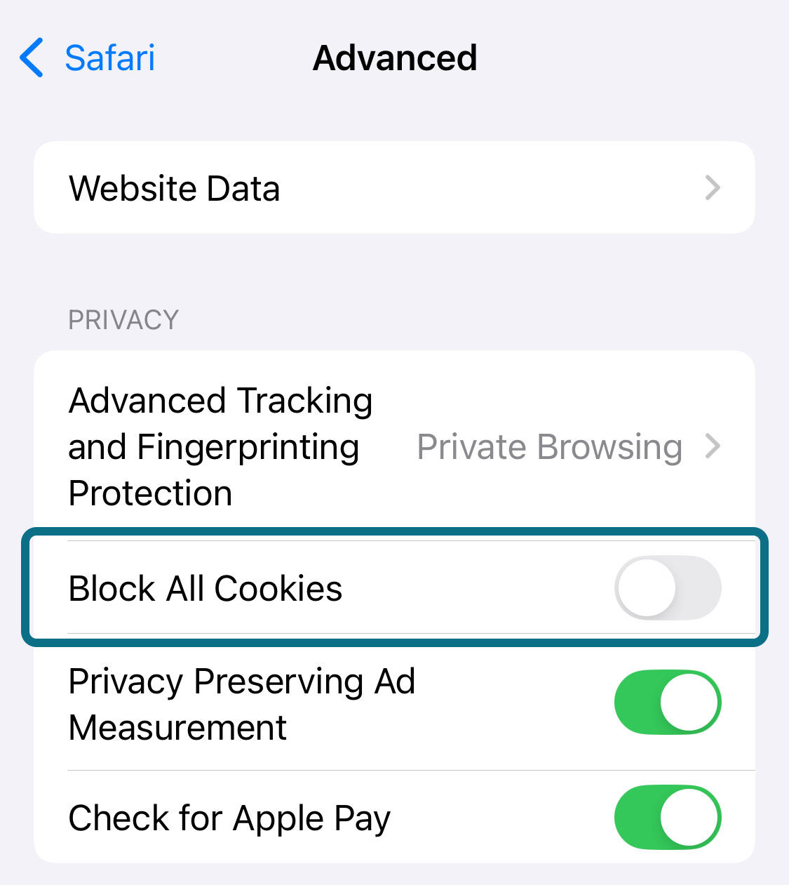 iPhone settings app page with block all cookies toggle circled