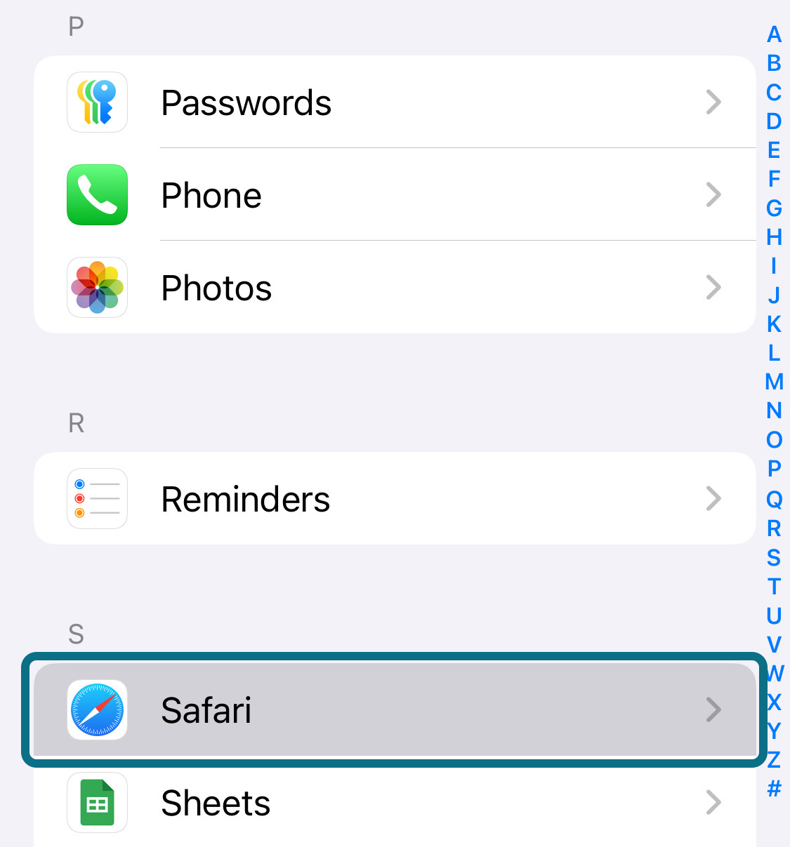 iPhone settings app page with safari circled