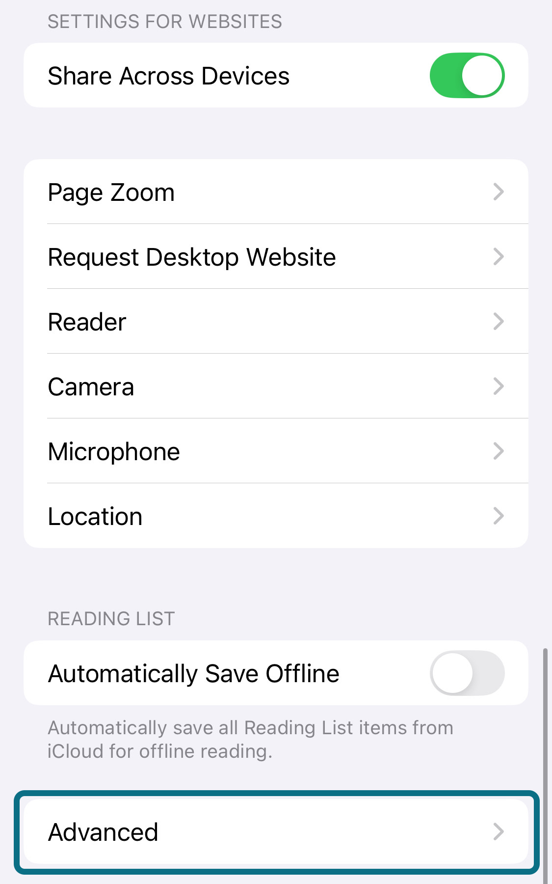 iPhone settings app page with advanced circled