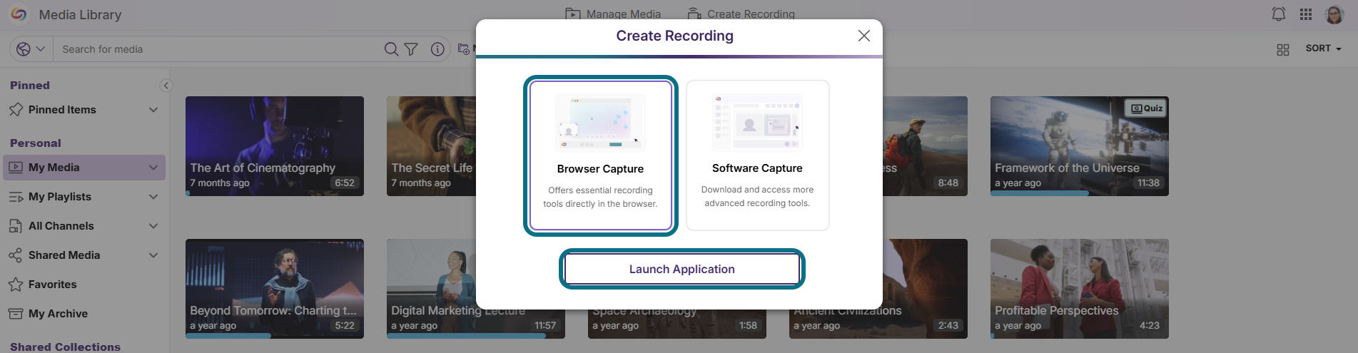Lumina Create Recording modal with browser capture and launch application button circled
