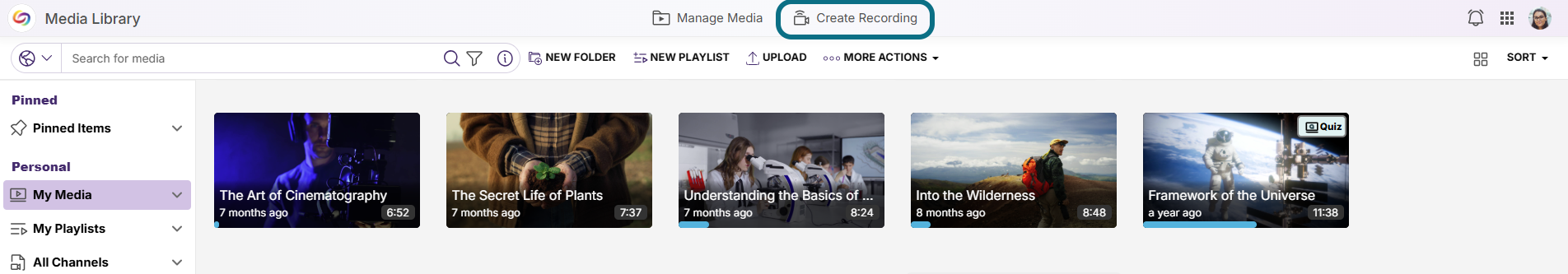 Lumina manage media with create recording button circled