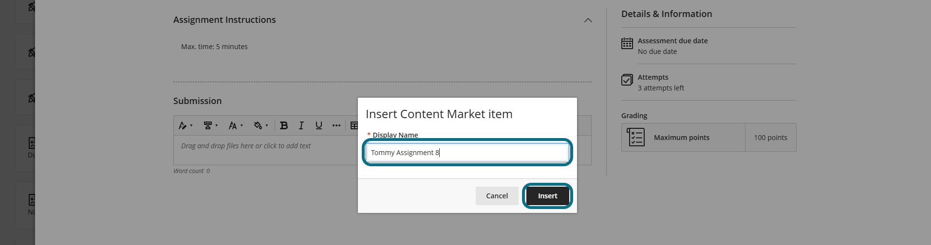 Blackboard Ultra inserting media into assignment