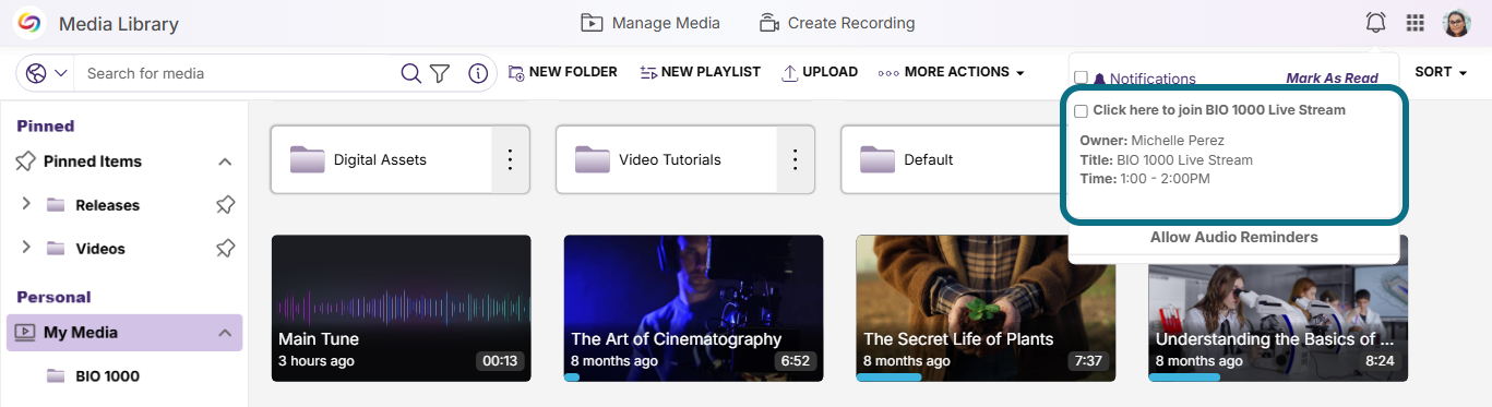 Lumina manage media with notifications panel open and the BIO 1000 live stream notification circled