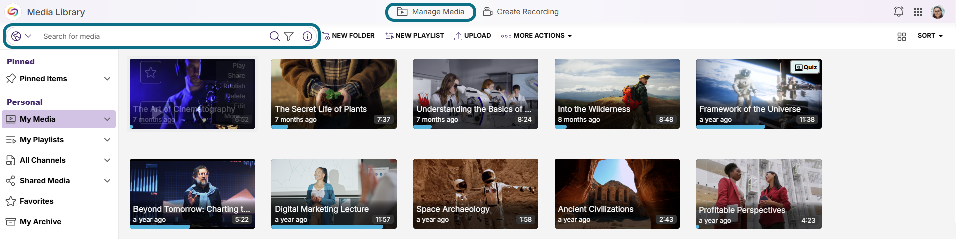 Lumina with manage media button and search bar circled