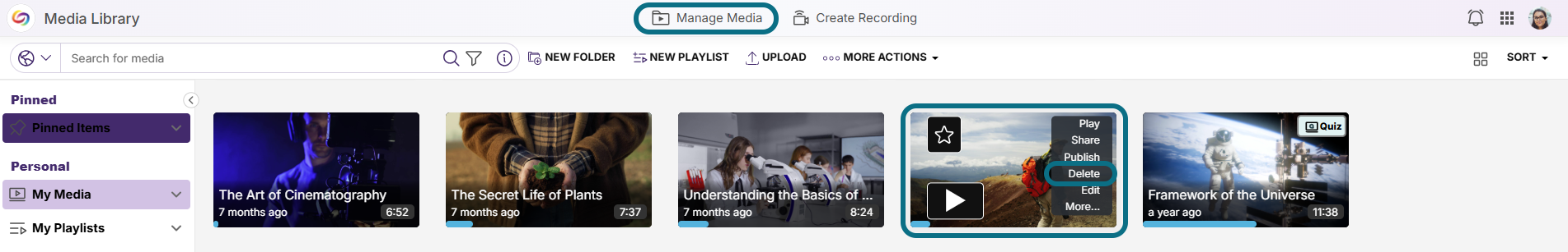 Lumina with manage media tab, a video and its delete button circled
