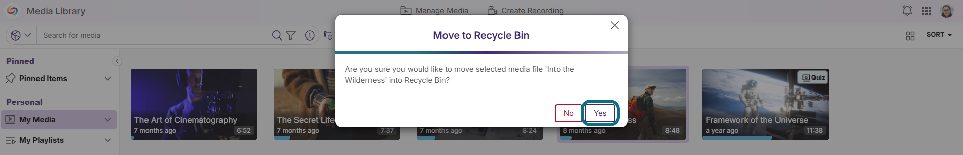 Lumina recycle bin modal with yes circled