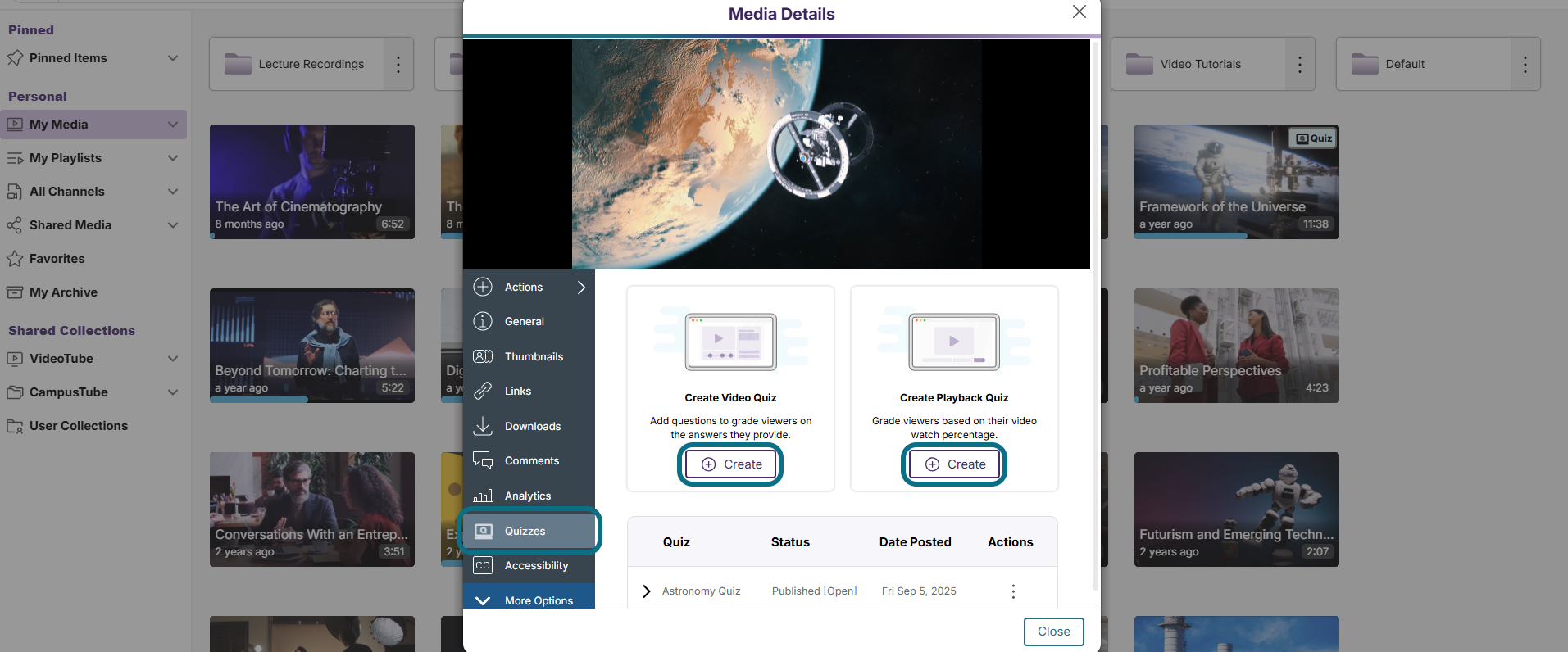 Lumina quizzes tab with create buttons circled