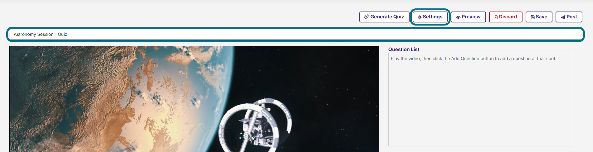 Lumina quiz creation page with name field and settings button circled