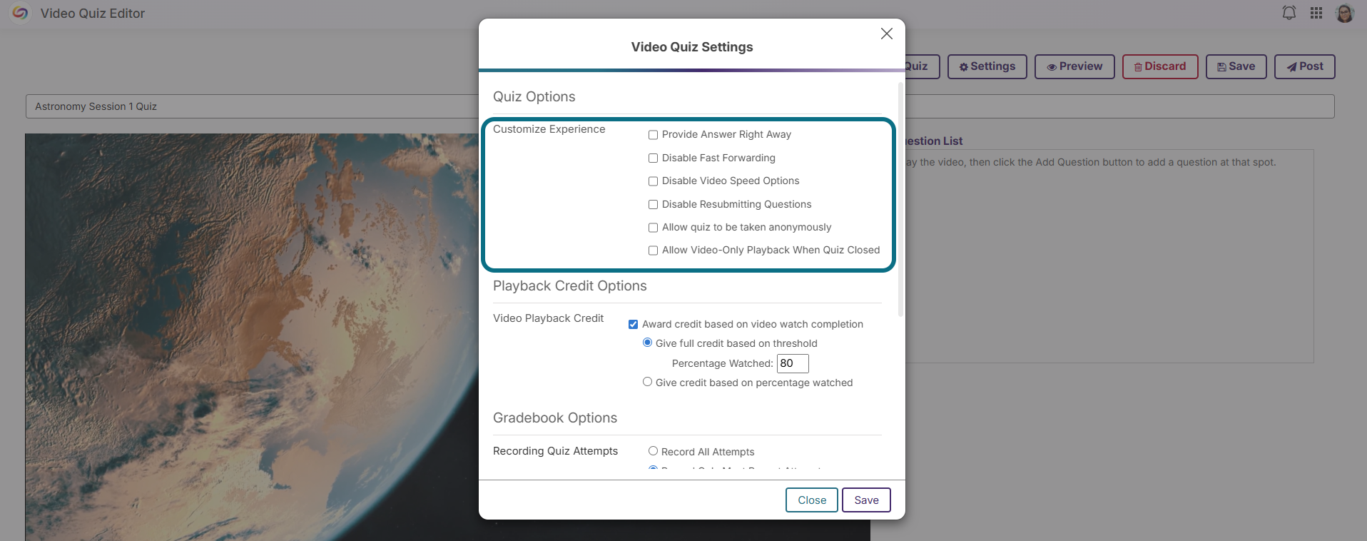Lumina video quiz settings modal with quiz options section circled