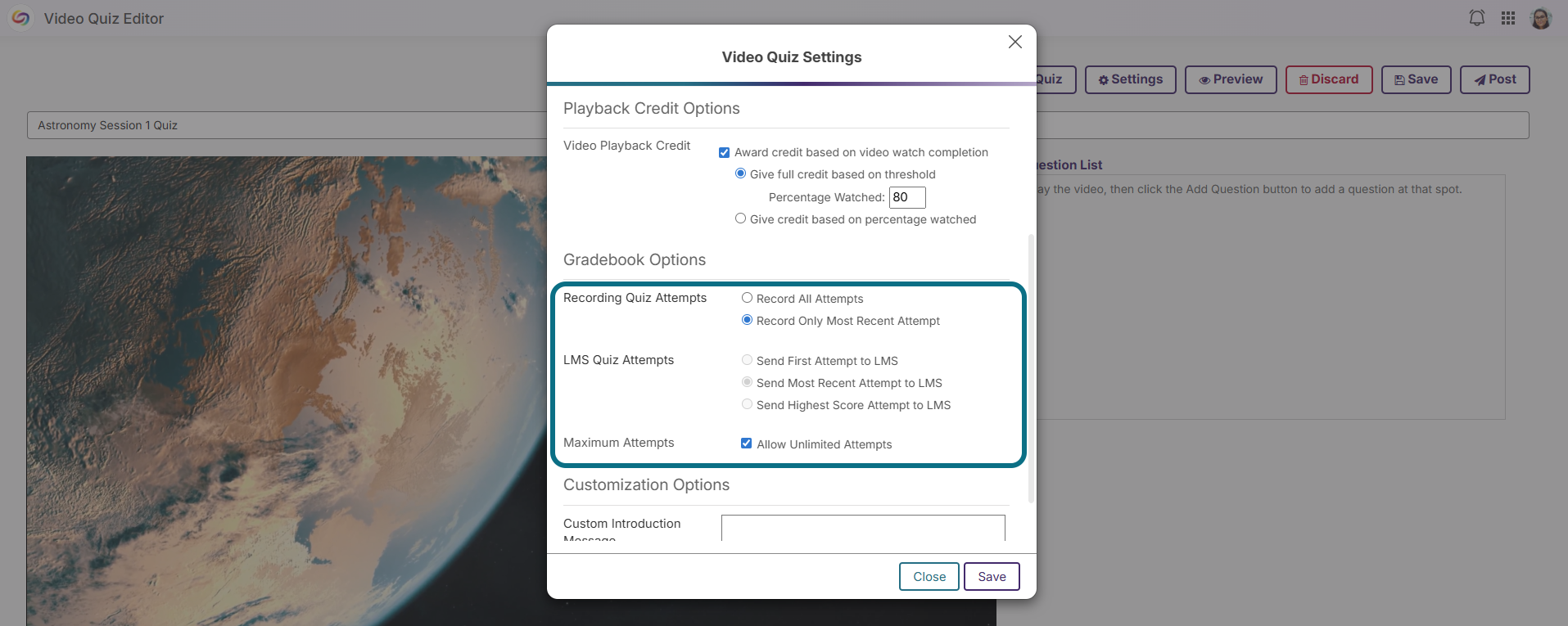 Lumina video quiz settings modal with gradebook options section circled