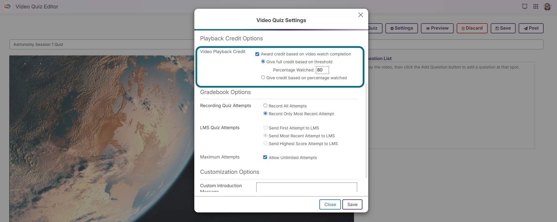 Lumina video quiz settings modal with playback credit options section circled