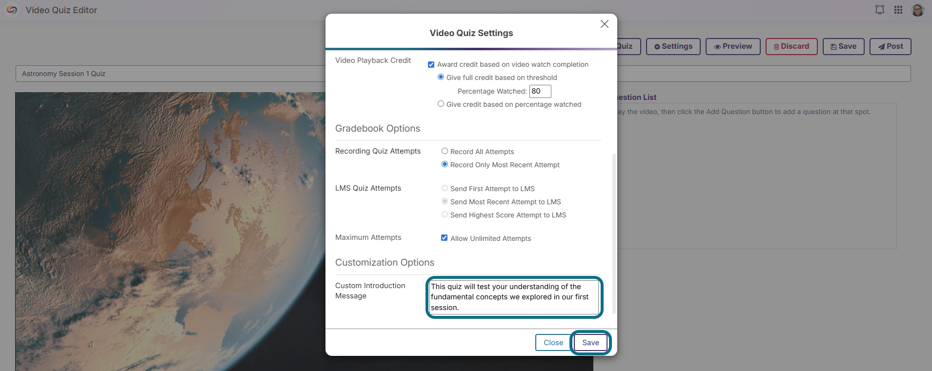 Lumina video quiz settings modal with custom message section and save button circled