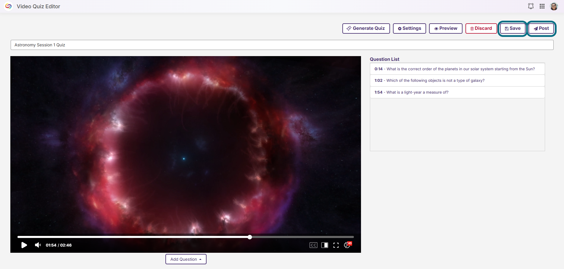 Lumina video quiz editor with save and post buttons circled