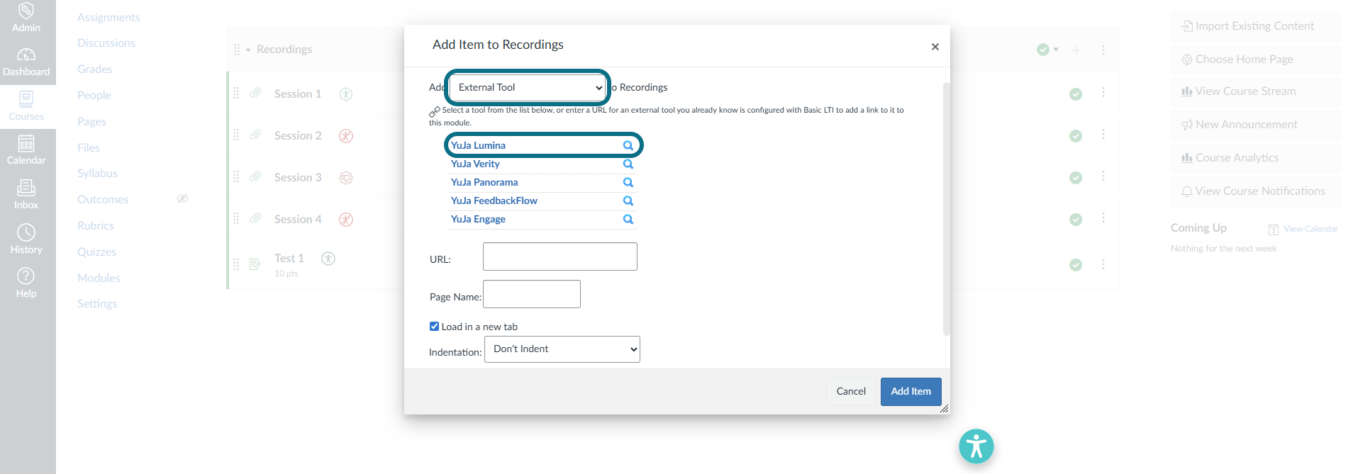 Lumina add item modal with external tool and yuja lumina circled
