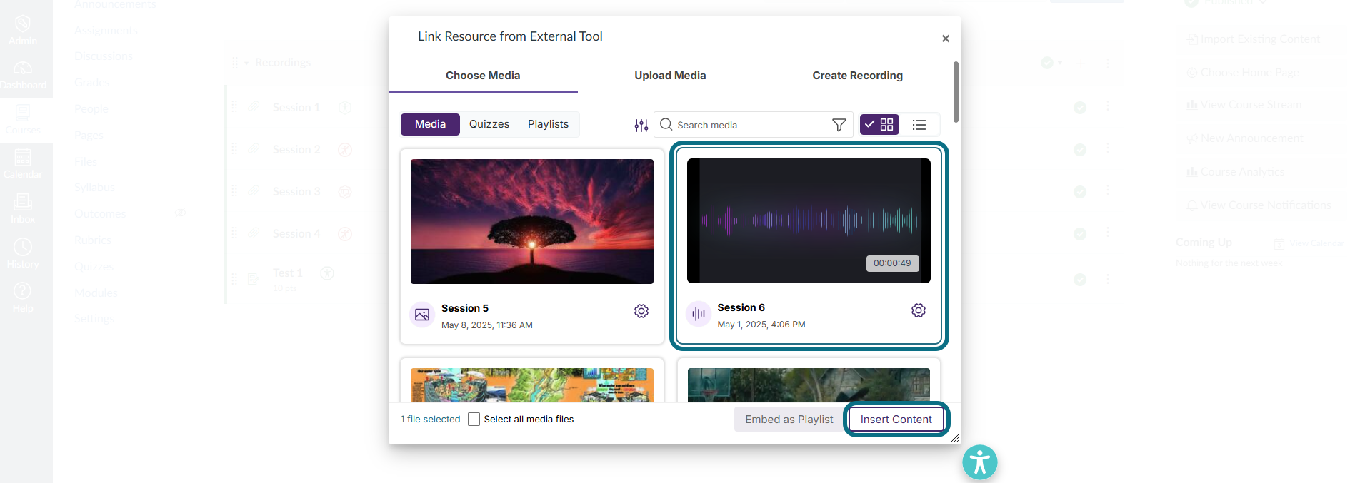Canvas link resource modal with media and insert content button circled