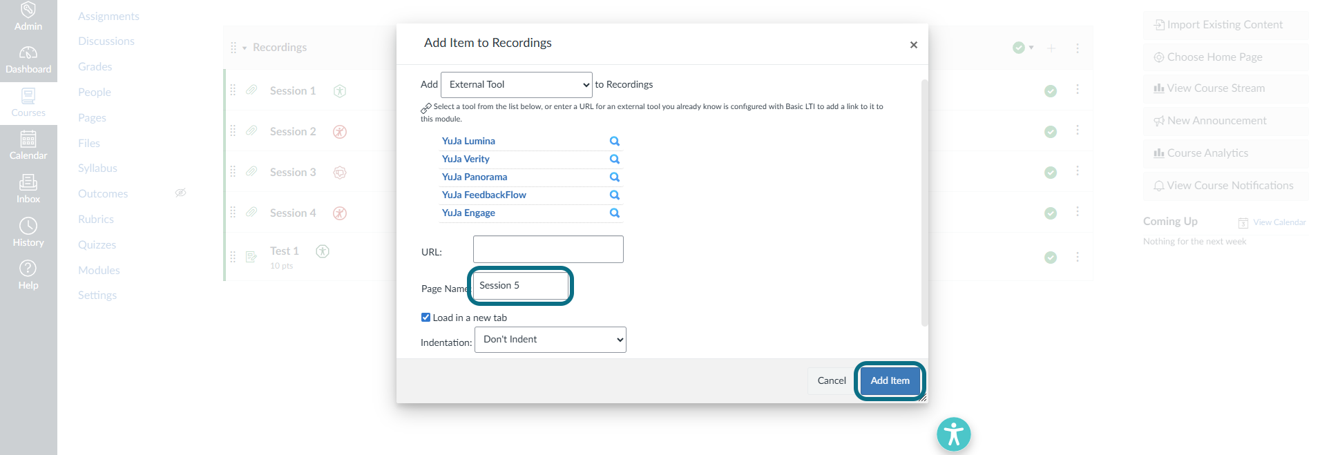 Canvas add item modal with page name field and add item button circled
