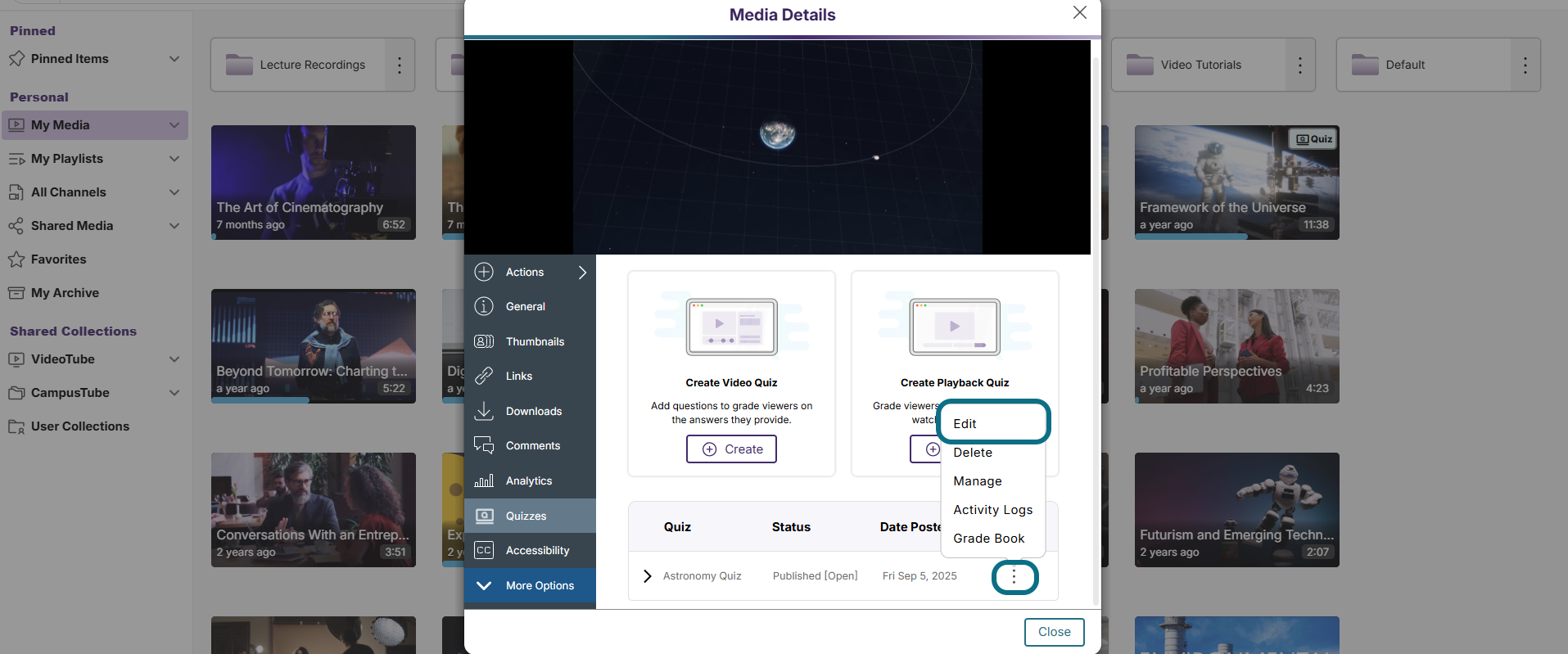 Lumina quiz modal with more actions and edit buttons circled