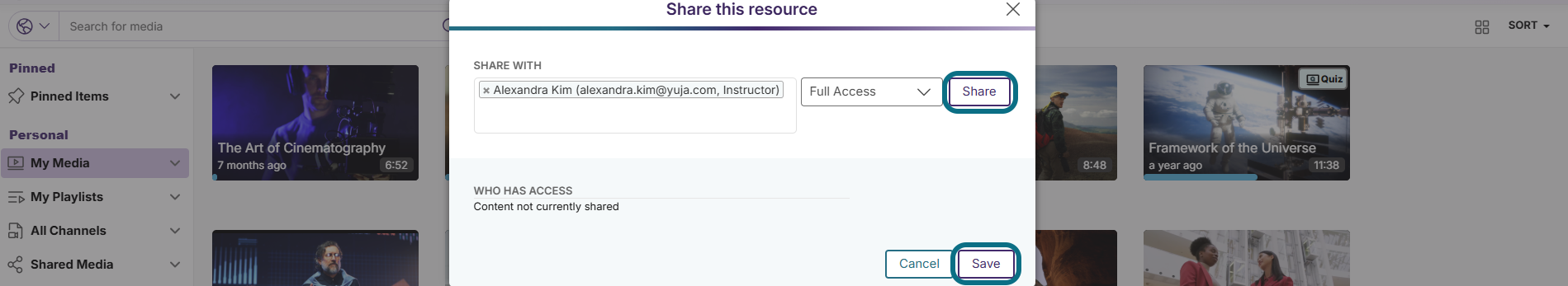 Lumina share this resource modal with share with and save buttons circled