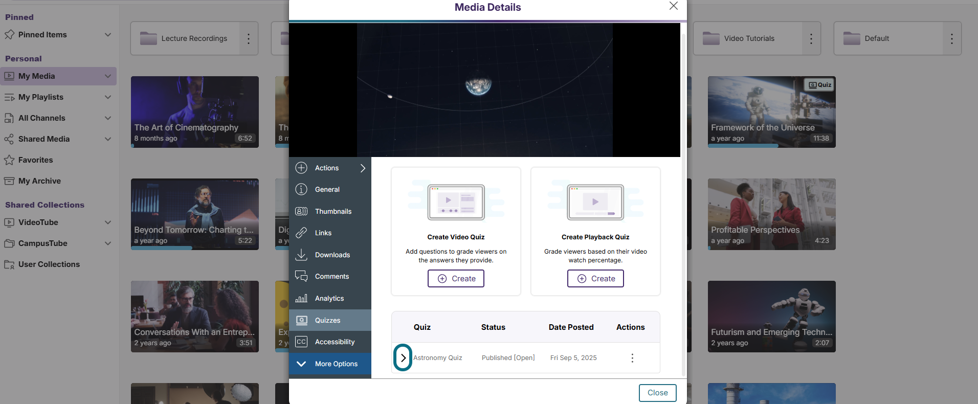 Lumina quiz modal with quizzes tab and expand button circled