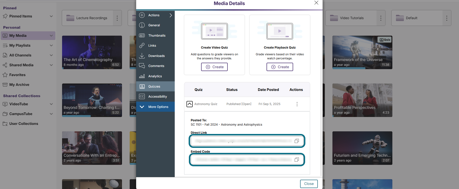 Lumina Quizzes tab with direct link and embed code fields circled