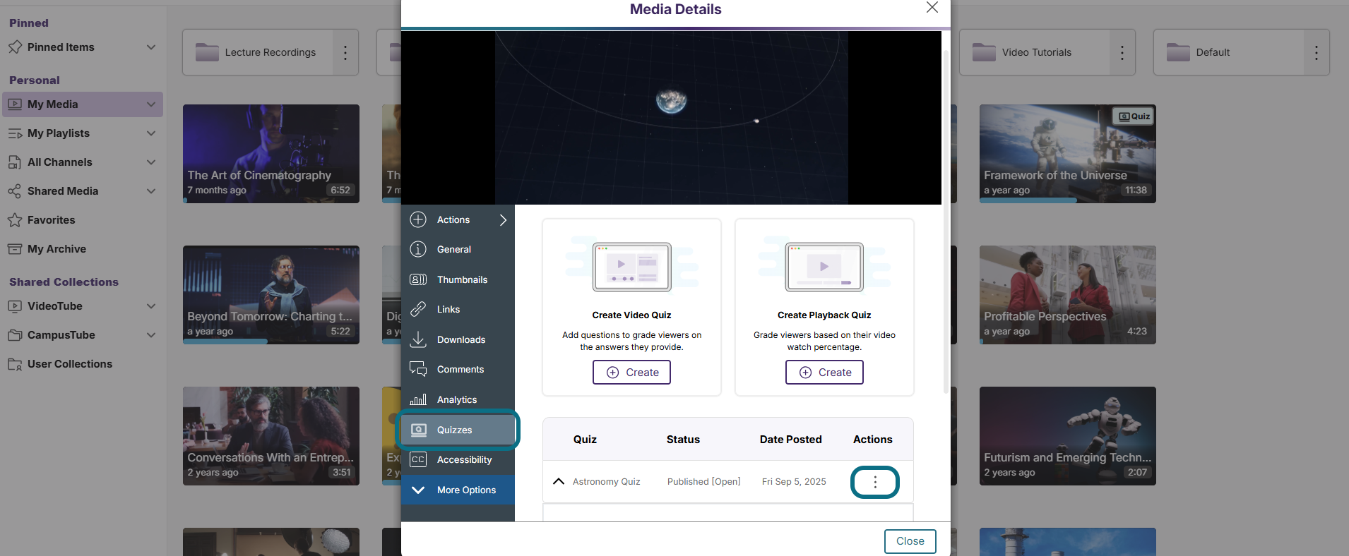 Lumina quiz modal with quizzes tab and more actions button circled