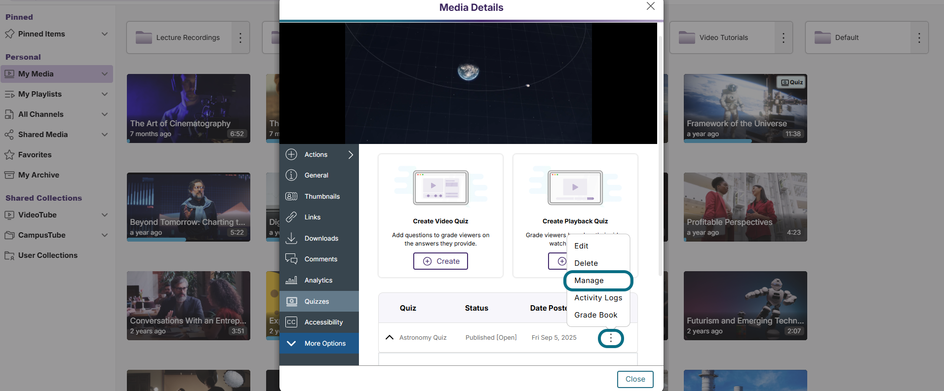 Lumina Quizzes tab with more actions and manage buttons circled
