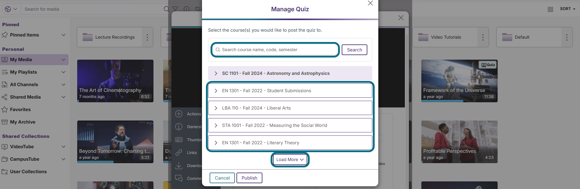 Lumina manage quiz modal with search bar, courses and load more buttons circled