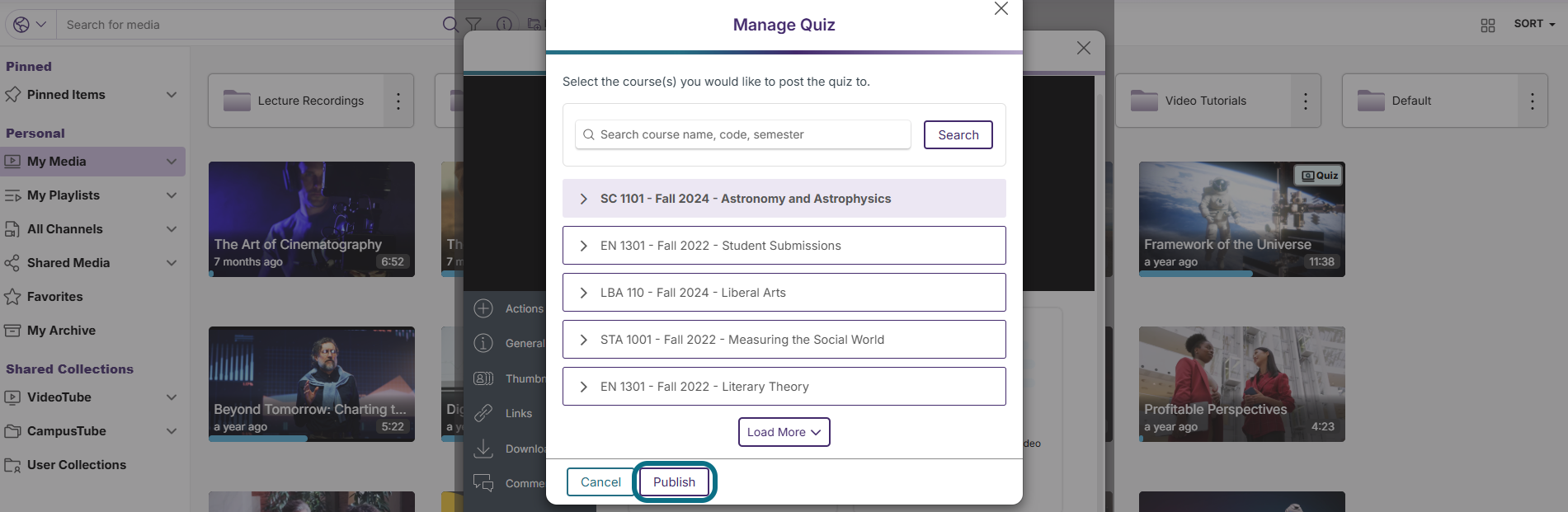 Lumina manage quiz modal with publish button circled