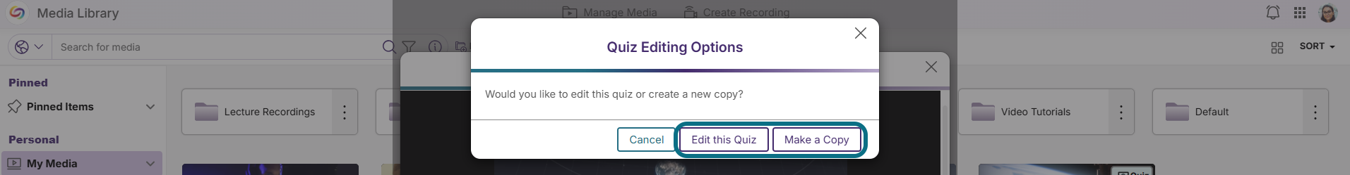 Lumina quiz modal with edit this quiz and make a copy buttons circled