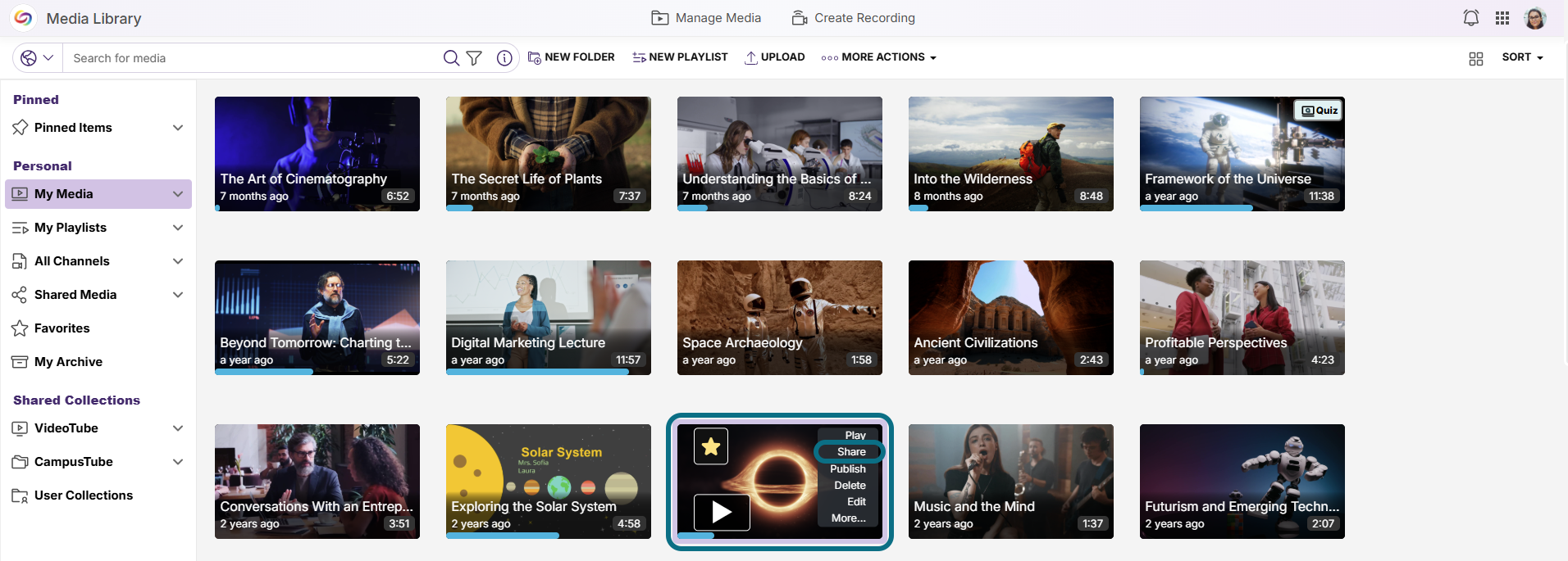 Lumina manage media with video and share button circled
