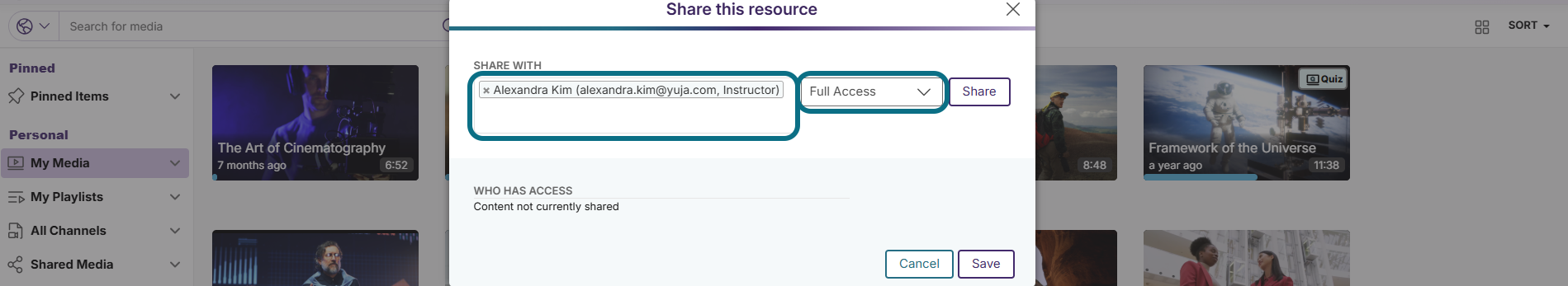 Lumina share this resource modal with share with and access level fields circled