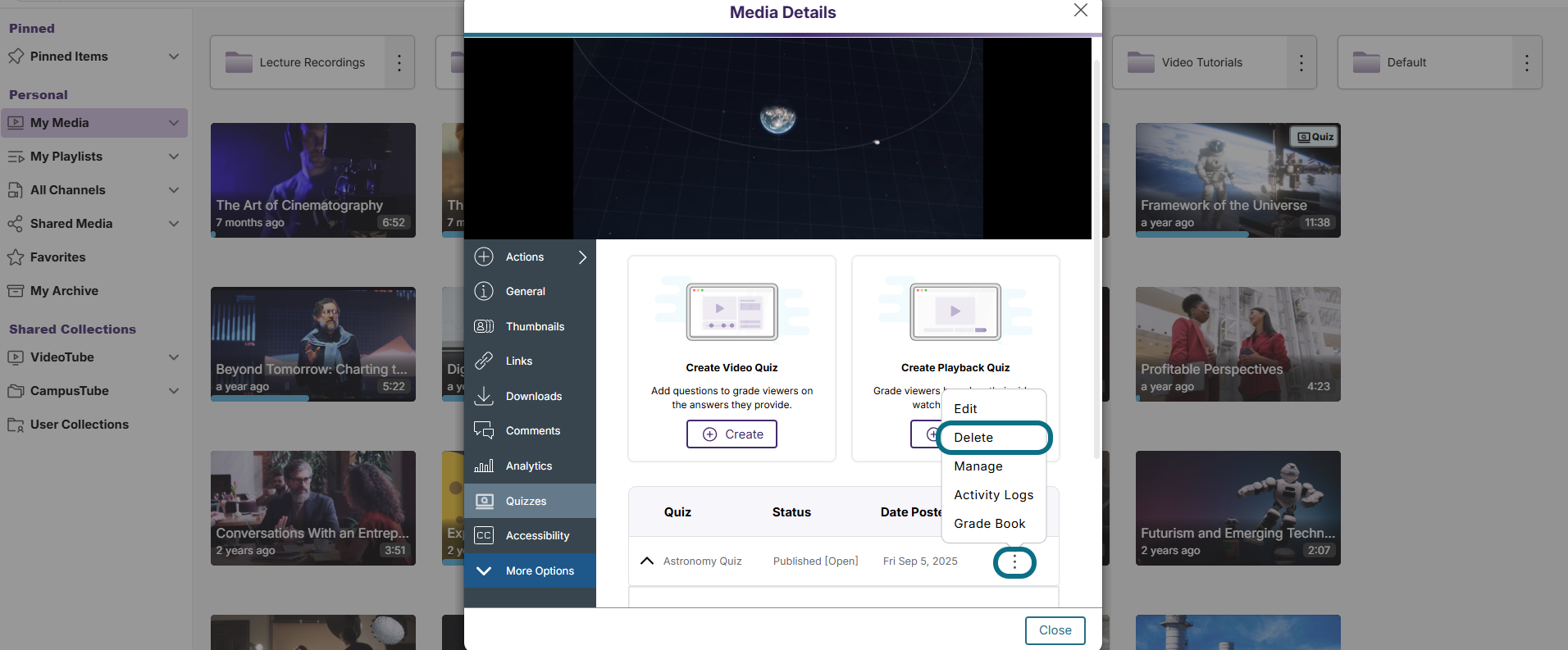Lumina quiz modal with more actions and delete buttons circled