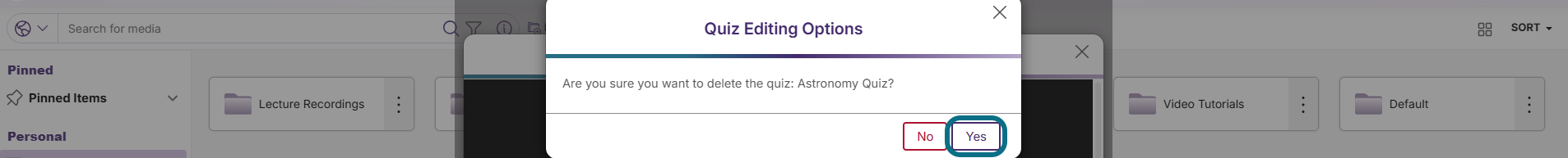 Lumina quiz modal with quizzes tab with yes button circled