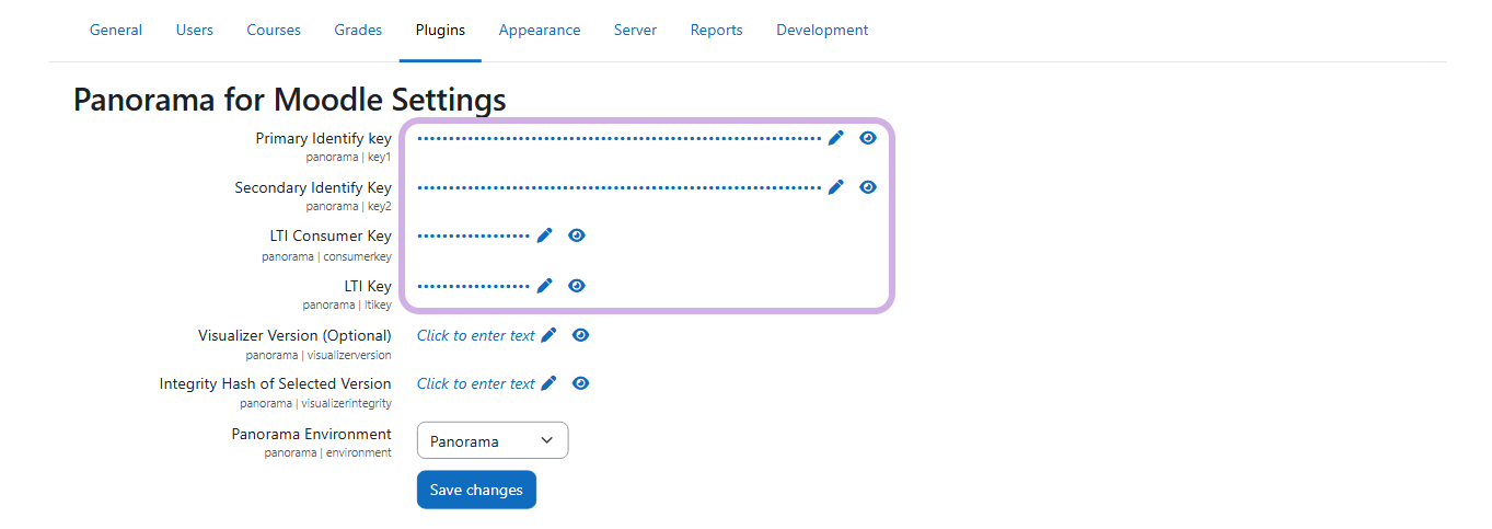 Moodle panorama for moodle settings with identify keys, consumer key and LTI key fields circled