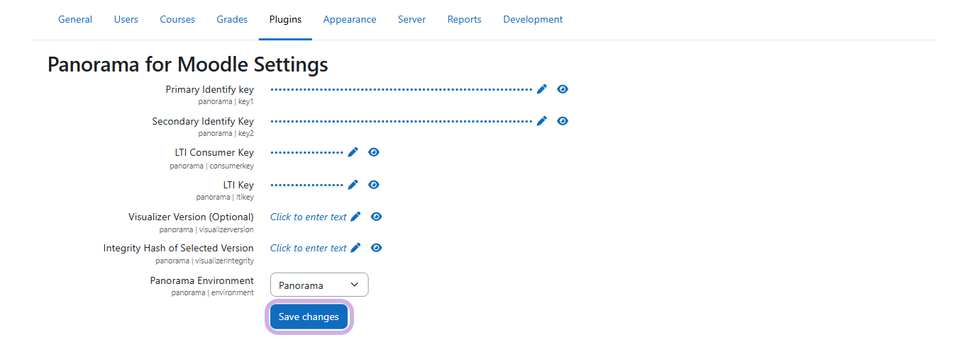 Moodle panorama for moodle settings with save changes button circled