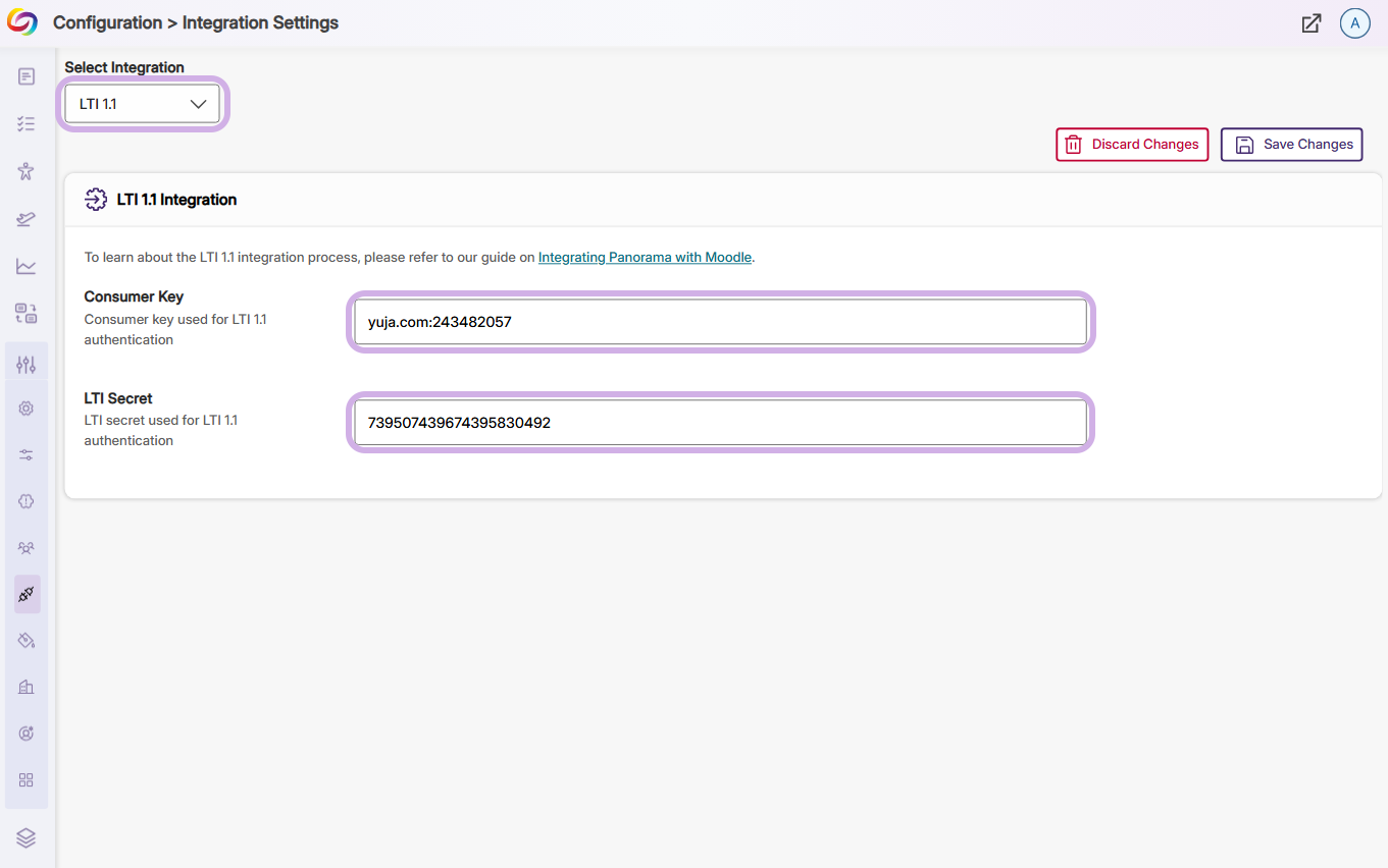 Panorama integration settings with select integrations, consumer key, and LTI secret fields circled