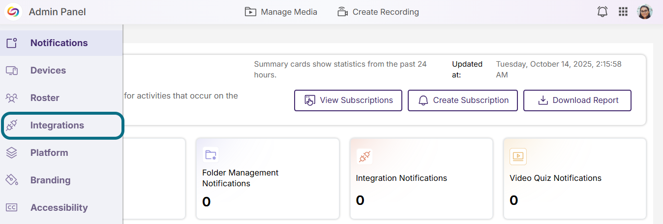 Lumina notifications page with integrations tab circled