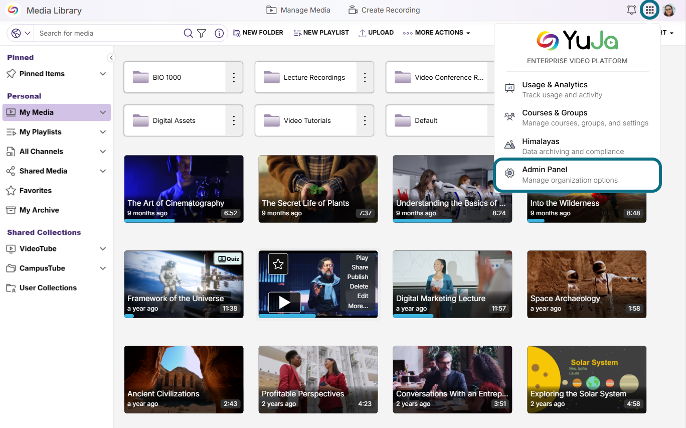 Lumina manage media page with main menu button and admin panel circled