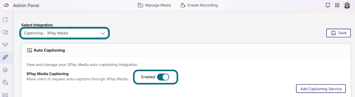 Lumina integrations page with select integration field and 3Play media captioning toggle circled