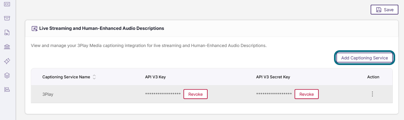 Lumina integrations page with add captioning service button circled