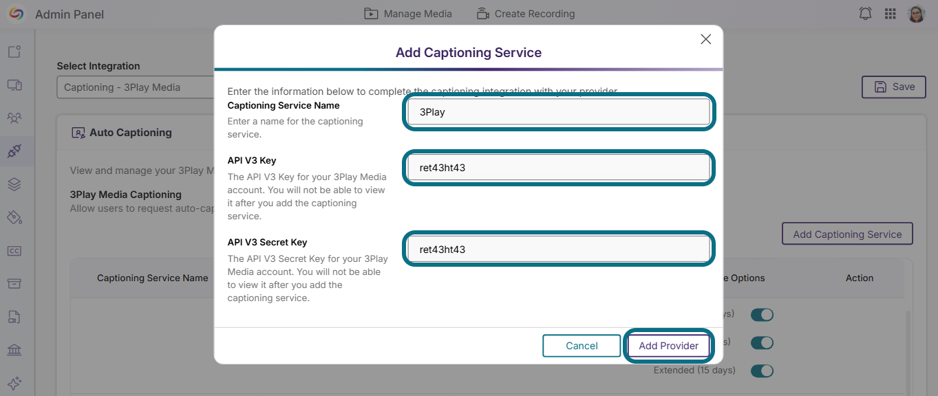 Lumina integrations add captioning service modal with captioning service name field, API V1 key field, API v1 secret key field circled